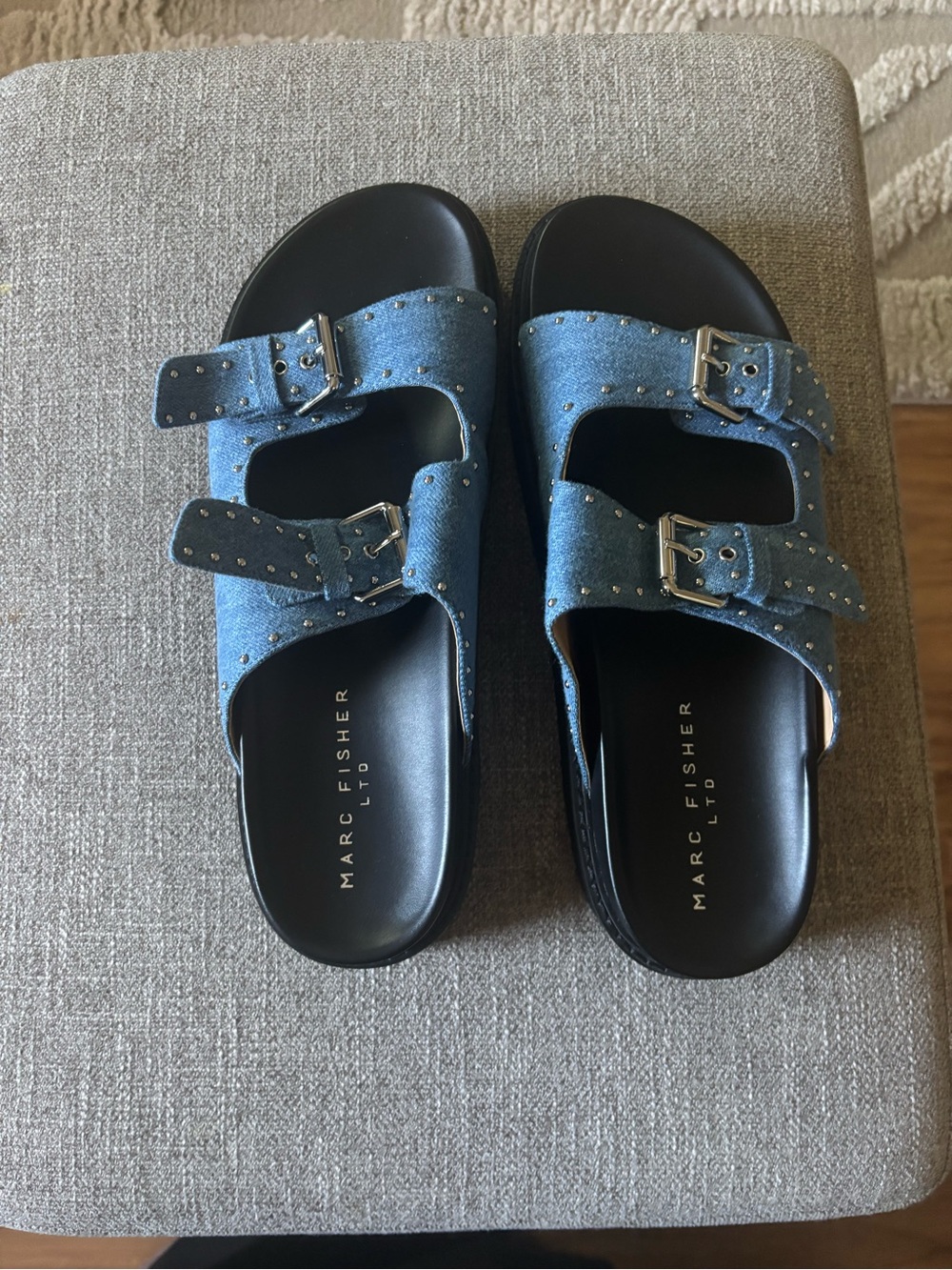 Marc Fisher Women’s Denim Double-Buckle Sandals with Studs - Blue